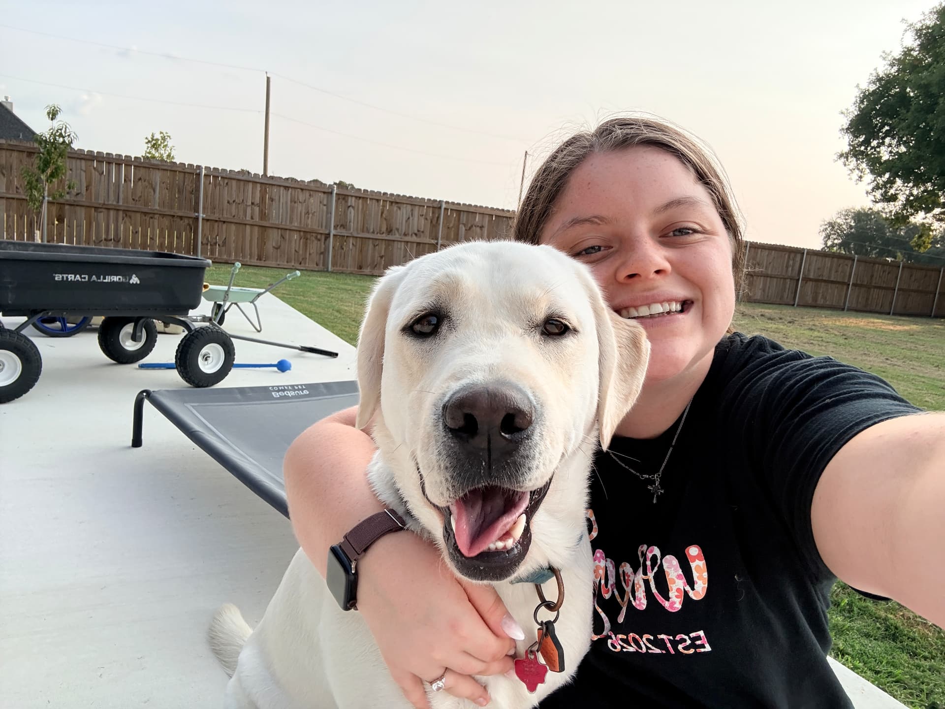 Cassidy with a happy yellow Labrador in the backyard