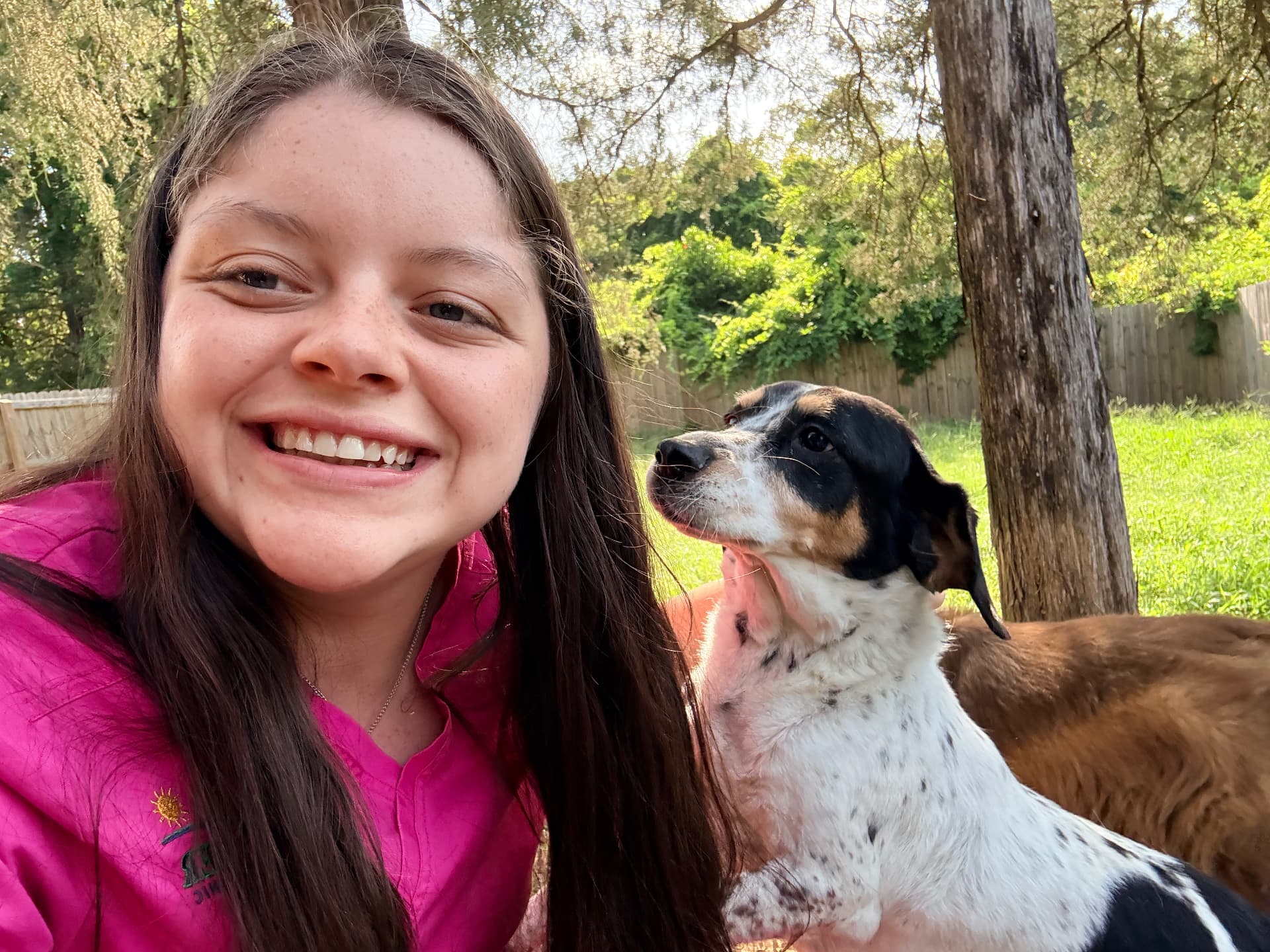 Cassidy outside with a spotted hound