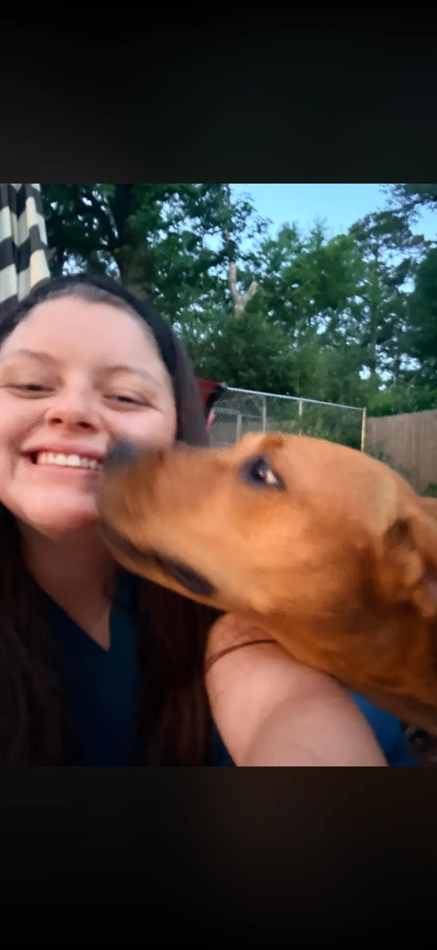 Cassidy getting a kiss from a red mixed-breed dog